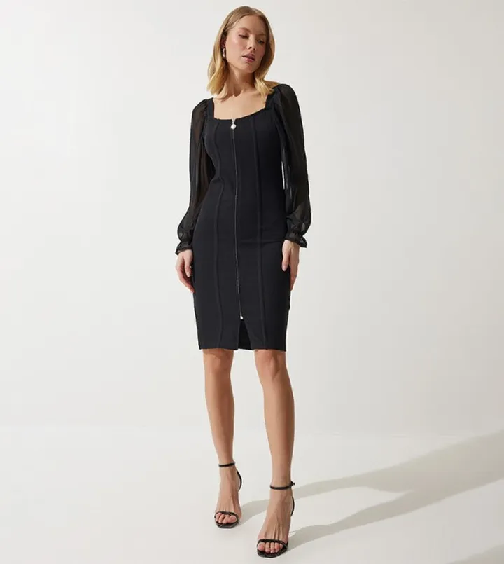 Solid Zippered Knitted Mini Dress