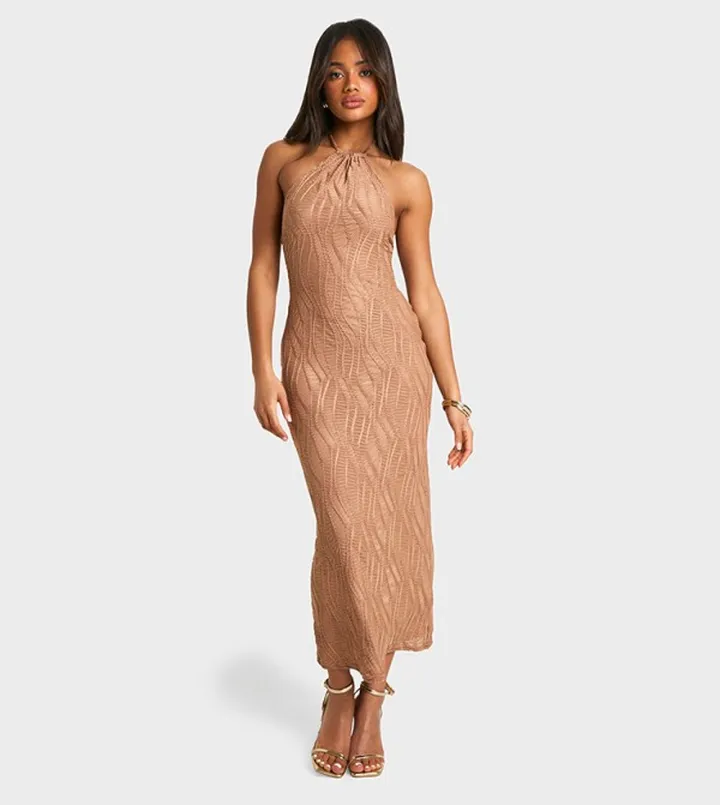 Textured High Neck Midaxi Dress