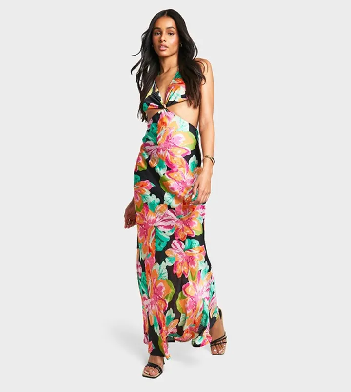 Tall Chiffon Floral Print Cut-Out Maxi Dress