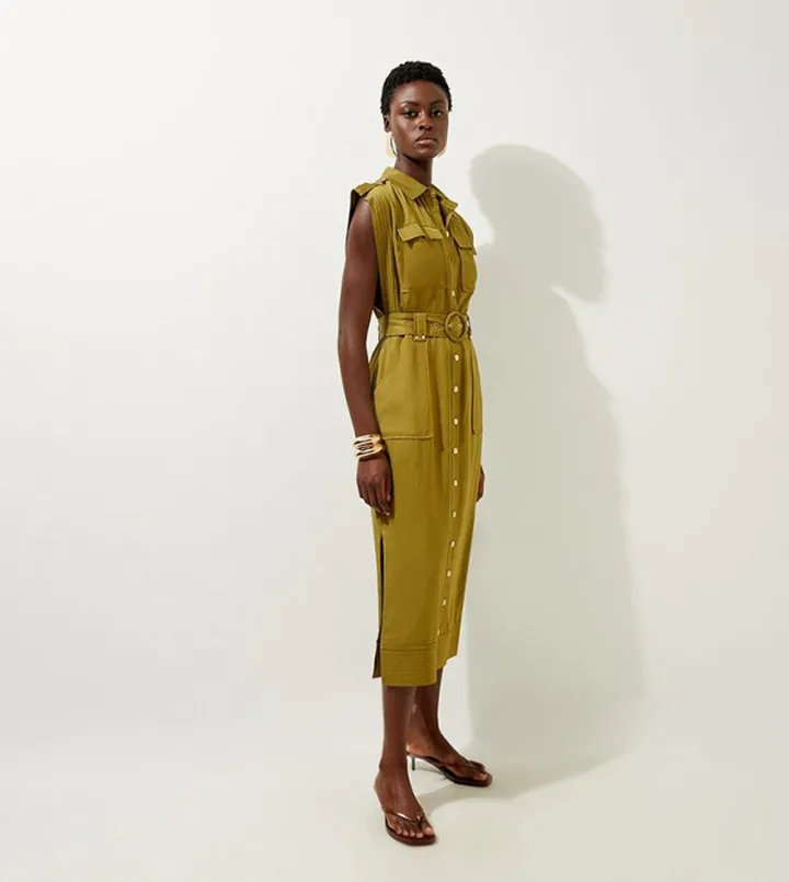 Premium Viscose Linen Woven Shirt Midi Dress