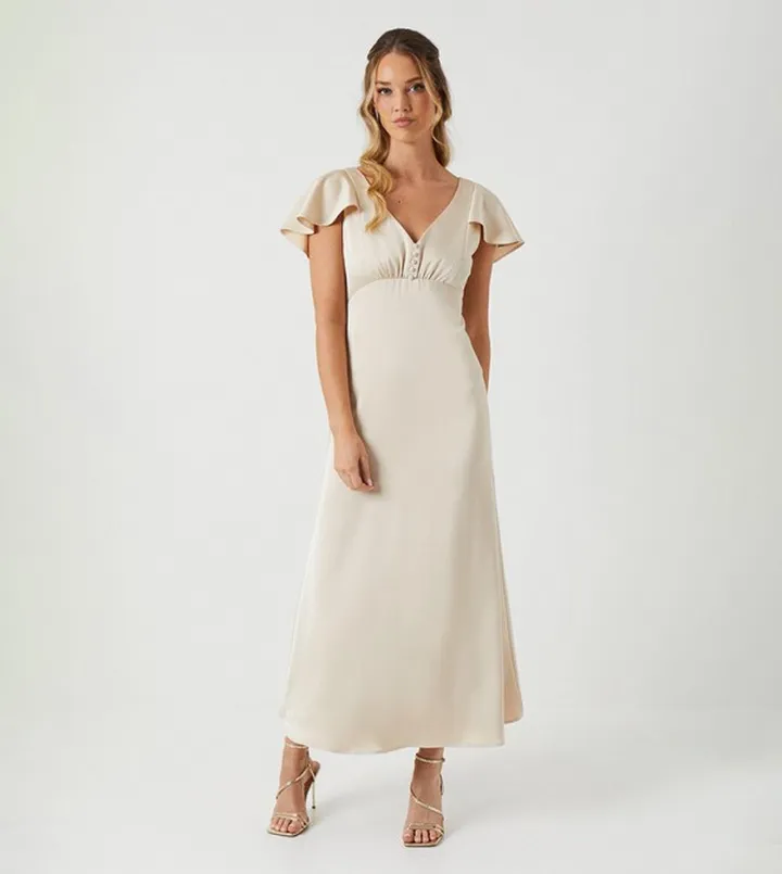 Petite Ruffle Shoulder Satin Maxi Bridesmaid Dress