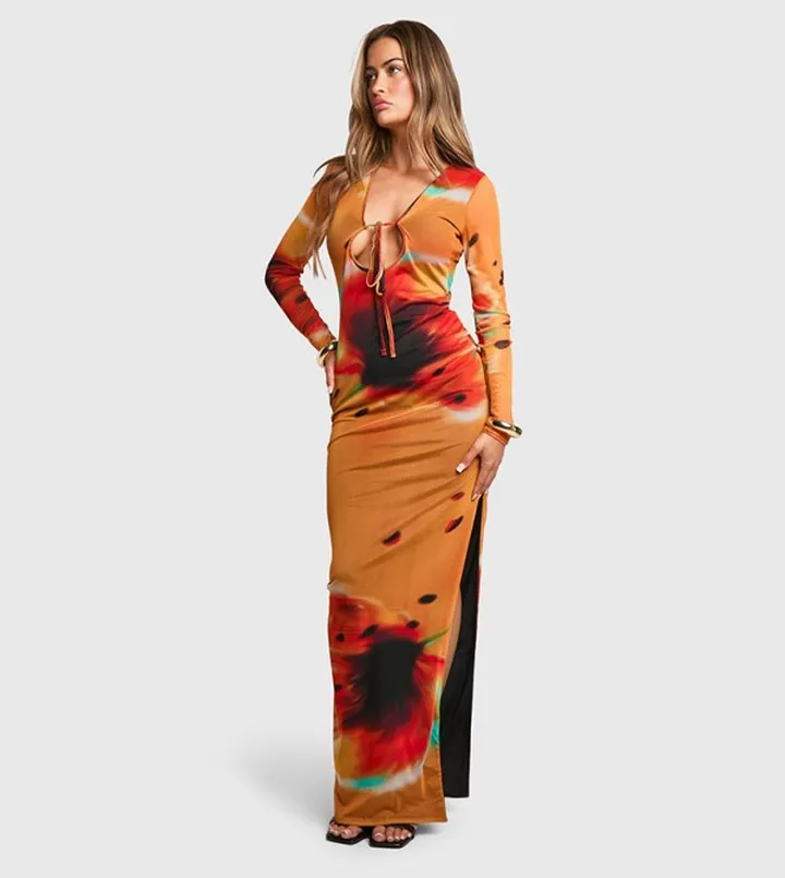 Tie Front Floral Print Long Sleeves Maxi Dress