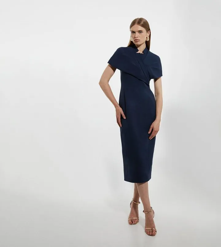 Petite Structured Crepe Cape Detail Midi Dress
