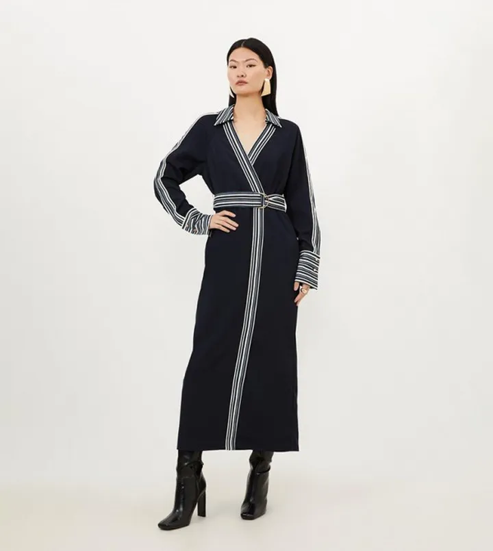 Petite Collared Contrast Twill Woven Belted Midaxi Dress