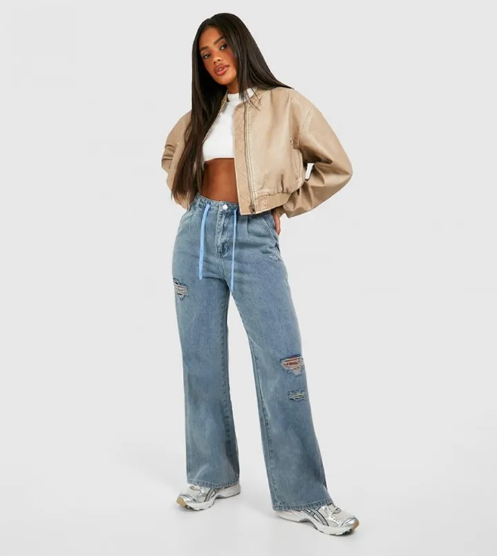 Pleated Waist Drawstring Ripped Jeans