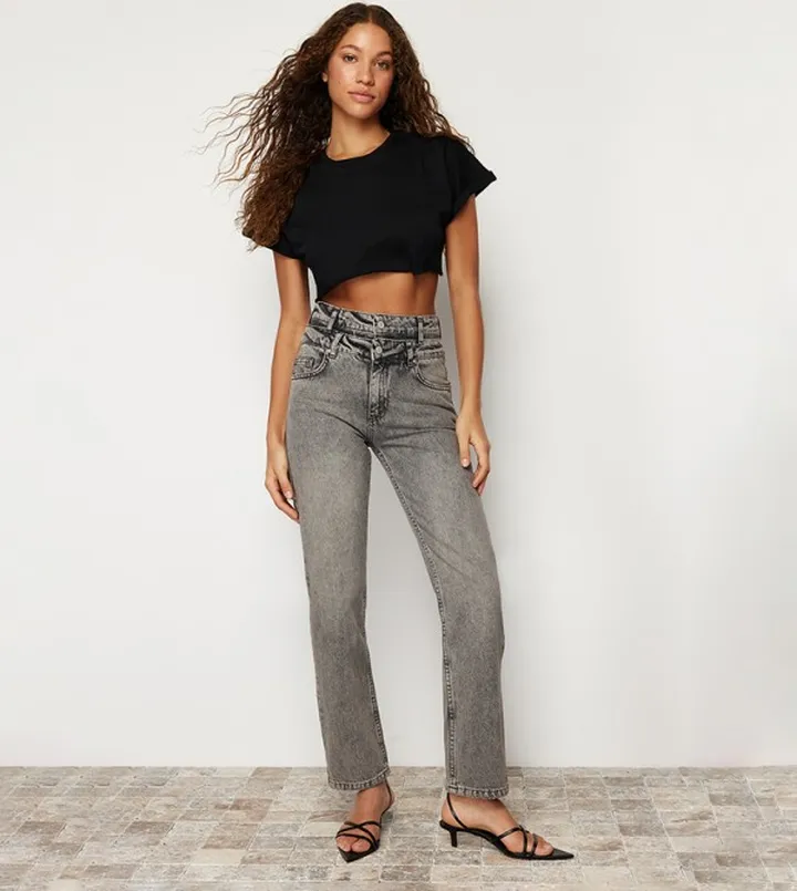 Washed Double-Waist Straight Fit Jeans