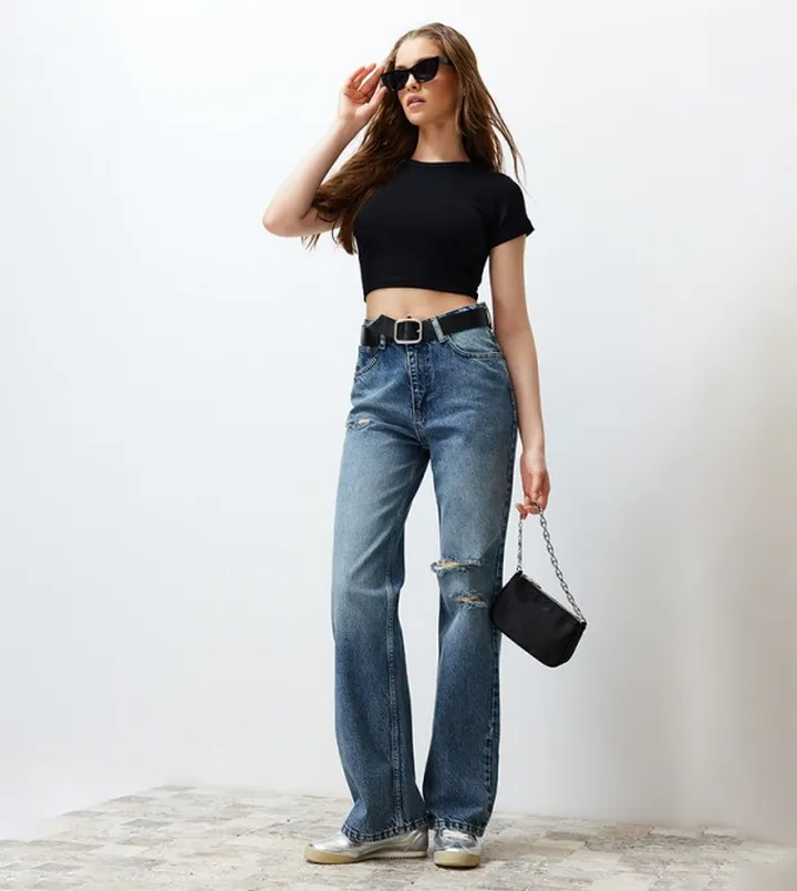 Ripped High Waist Wide Leg Jeans