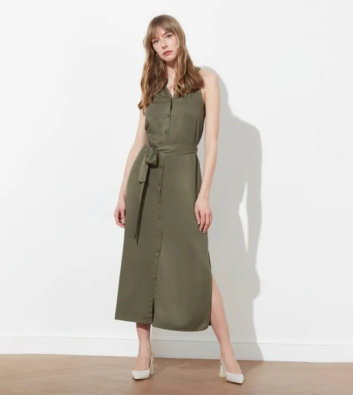 Belted Slit Midi Dress
