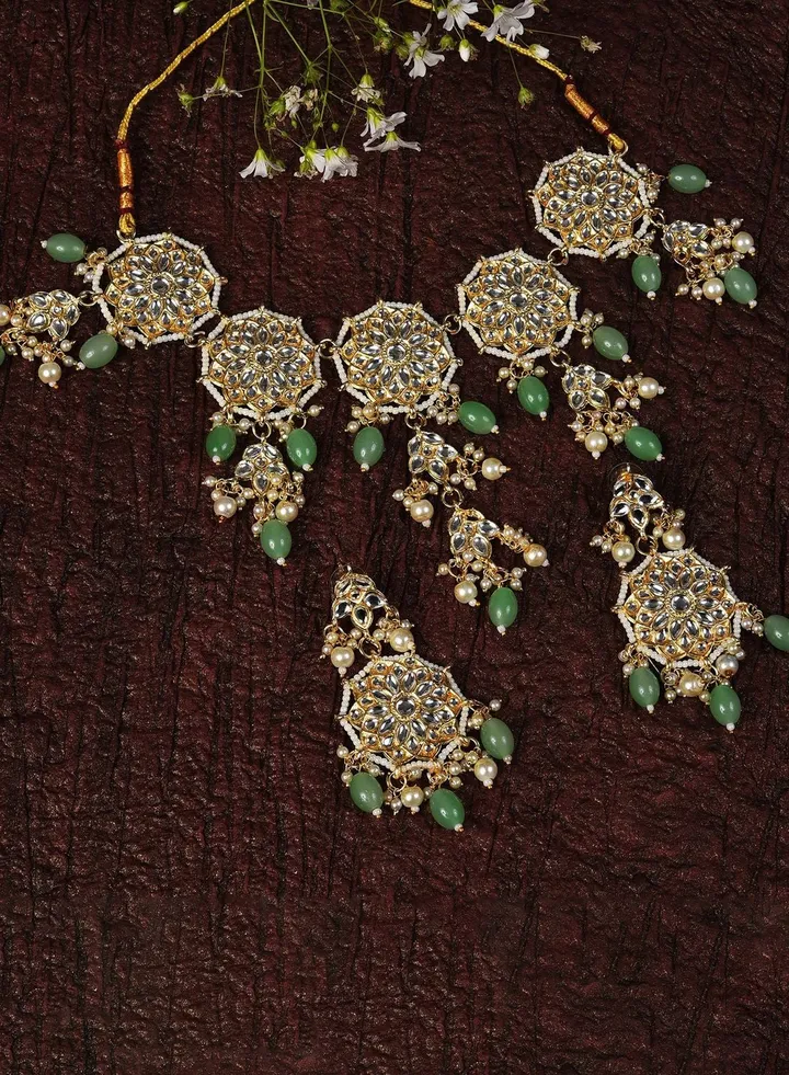 Gold Plated Kundan & Beads Necklace and Earrings Set