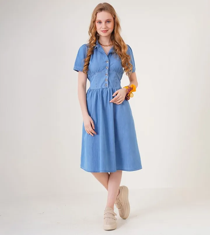 Back Smocked Ruched Denim Dress
