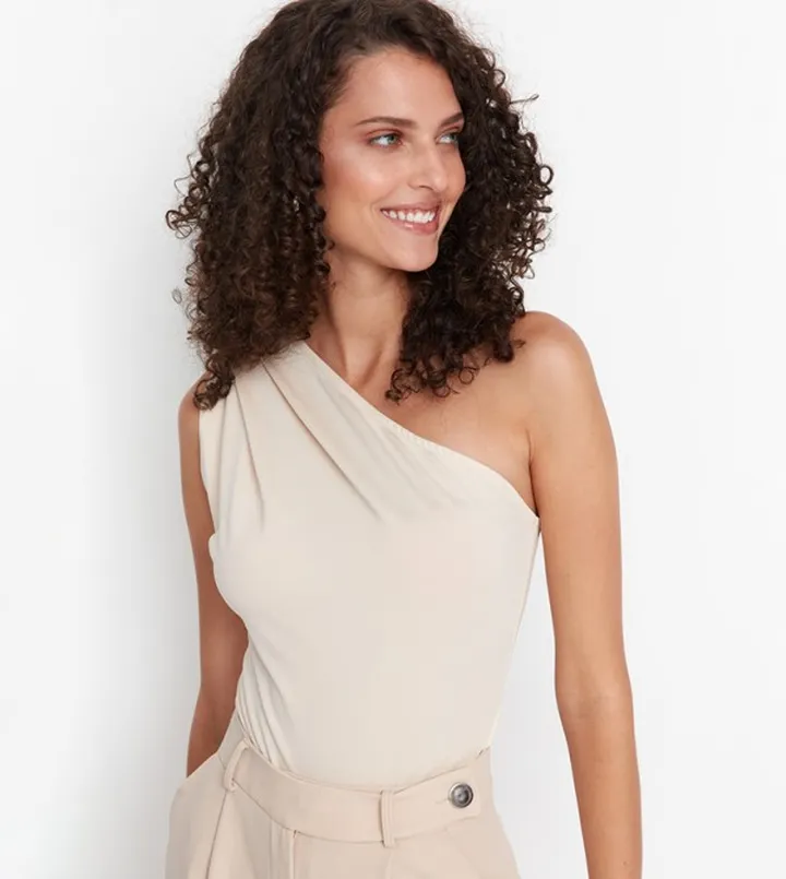 Asymmetric Collar Knitted Bodysuit Top