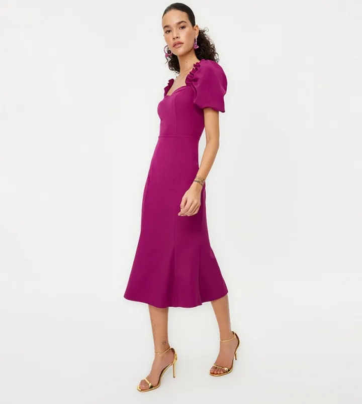 Solid Balloon Sleeves Midi Dress