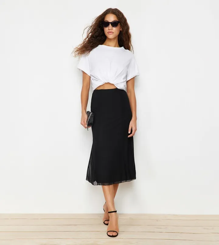 Tulle Lined Midi Skirt