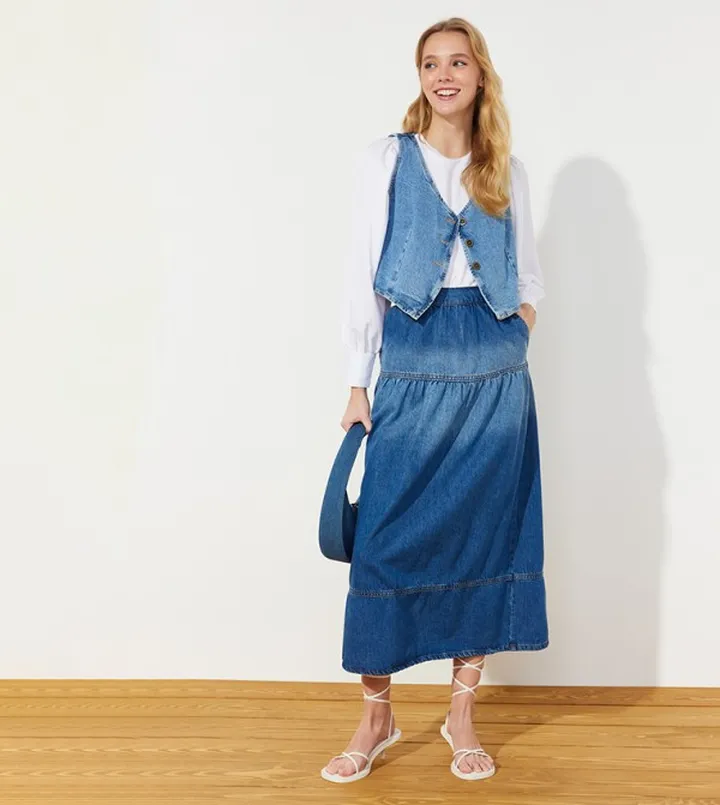 Faded High Waist Tiered Denim Skirt