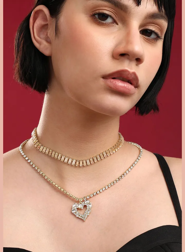 Gold Plated Designer Stone Western Wear Layered Necklace For Women