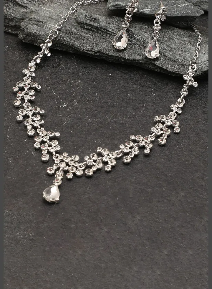 Silver Plated American Diamond and Designer Stone Necklace and Earring Set