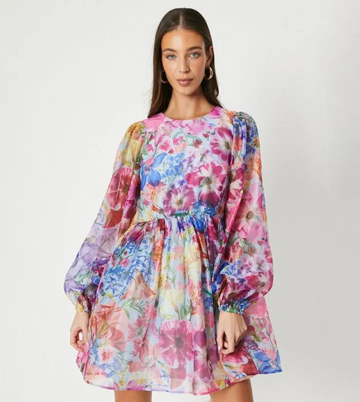Floral Print Long Sleeves Organza Mini Dress