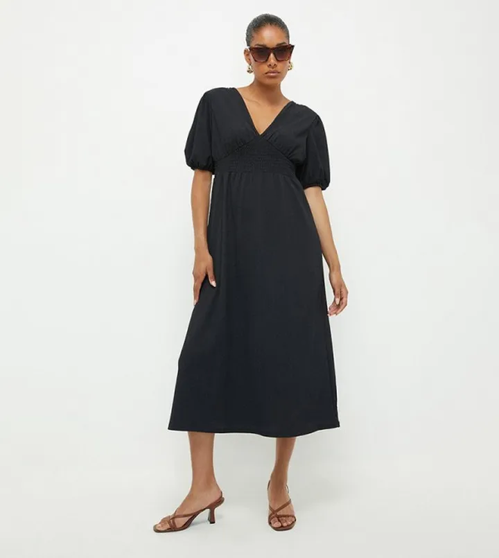Black Shirred Waist Midi Dress