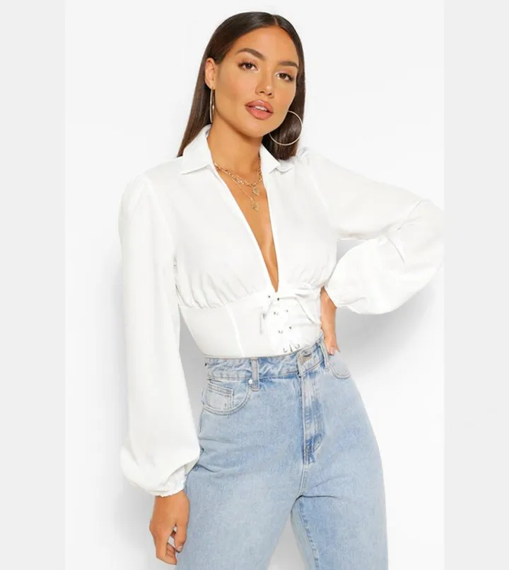 Woven Lace Up Corset Top
