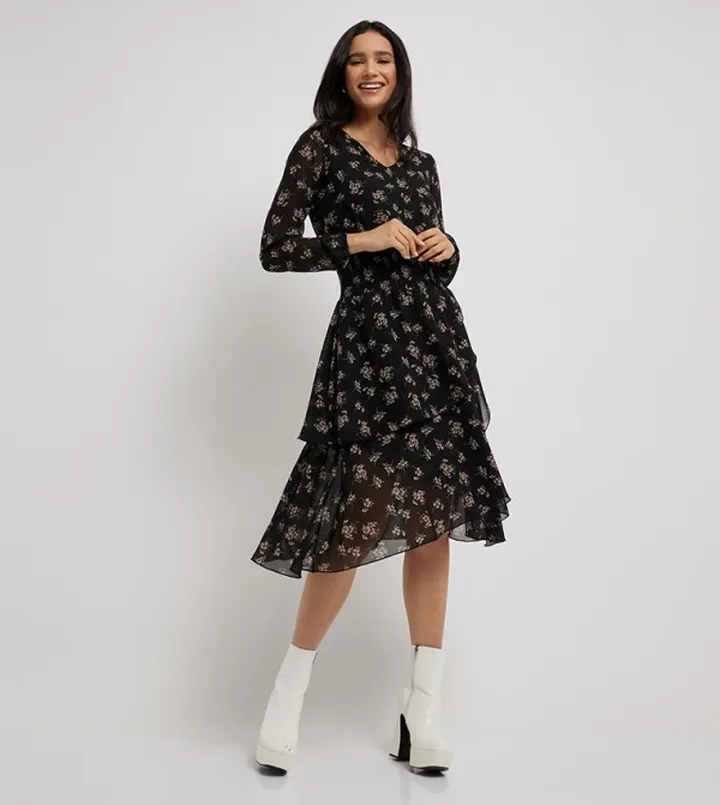 Floral Print Bishop Sleeves Layered Dress