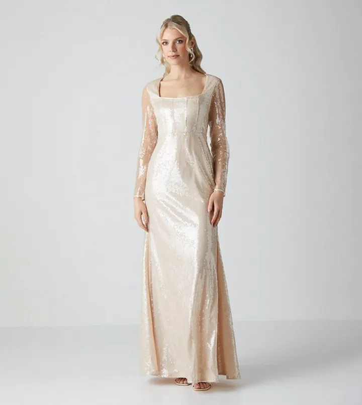 Glass Sequined Long Sleeves Wedding Dress