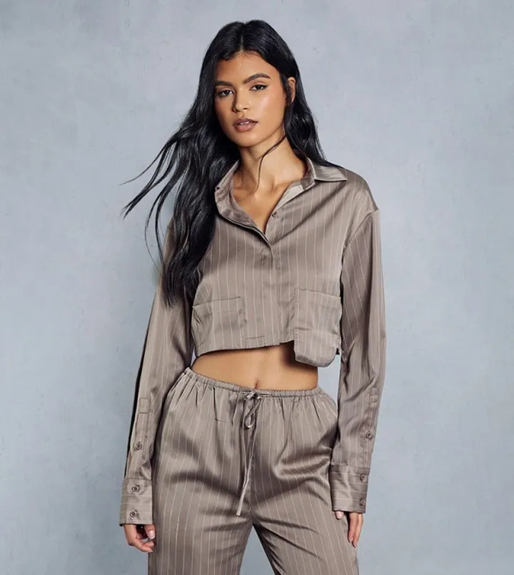 Satin Pinstriped Cropped Pocket Detail Shirt
