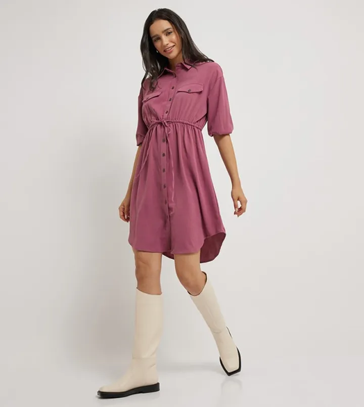 Tie Waist Pocket Detail Shirt Dress