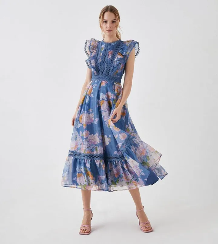 Lace Trim Organza Midi Dress