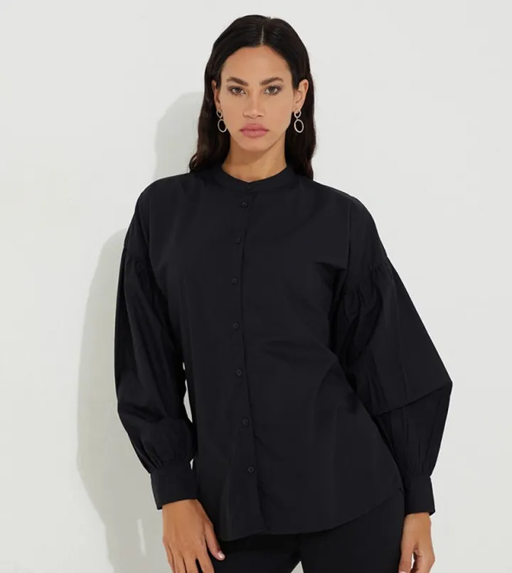 Solid Lantern Sleeve Woven Shirt