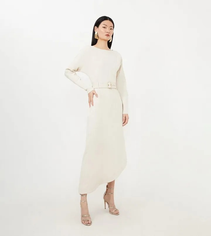 Waterfall Hem Belted Ponte Jersey Maxi Dress
