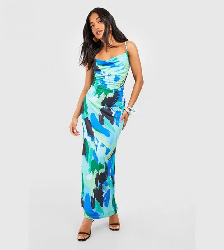 Abstract Print Cowl Neck Maxi Dress