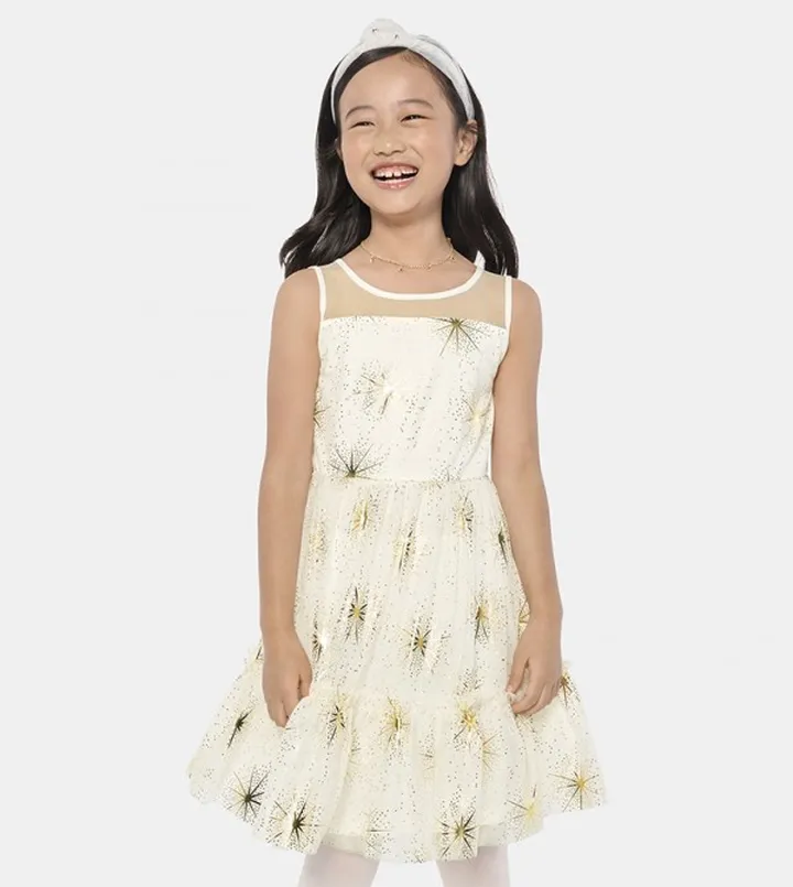 Girls Foil Star Mesh Tiered Dress