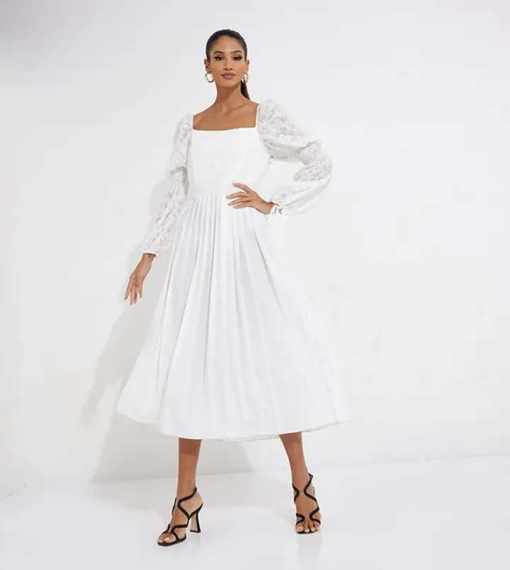 Woven Smocked Detail Puff Sleeves Midi Dress