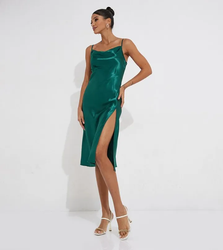 Cowl Neck Satin Strappy Dress