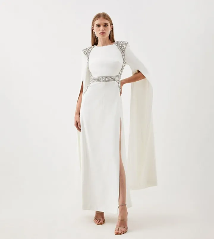 Embellished Caddy Cape Sleeves Woven Maxi Dress