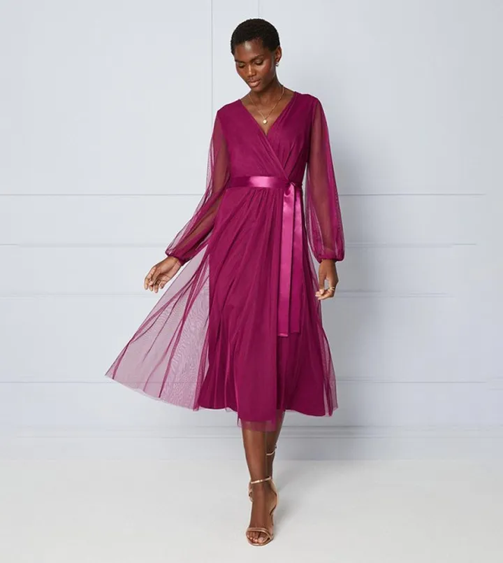 Mesh Satin Tie Midi Dress