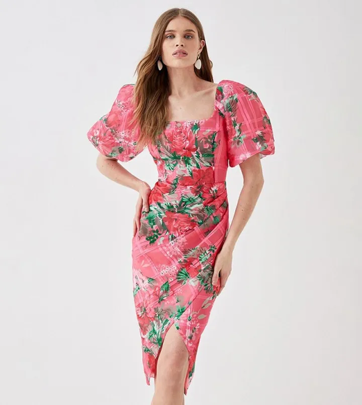 Organza Pencil Dress with Puff Sleeves