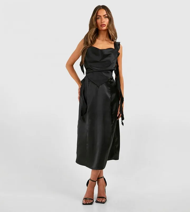Satin Ruffle Midaxi Milkmaid Dress