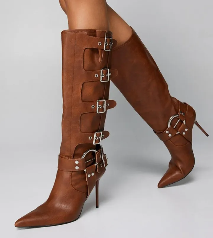 Faux Leather Buckle Detail Pointed Toe Knee High Boots
