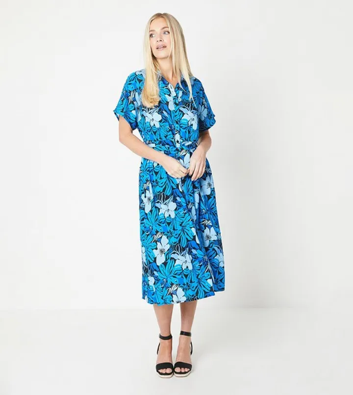 Petite Floral Print Belted Shirt Dress