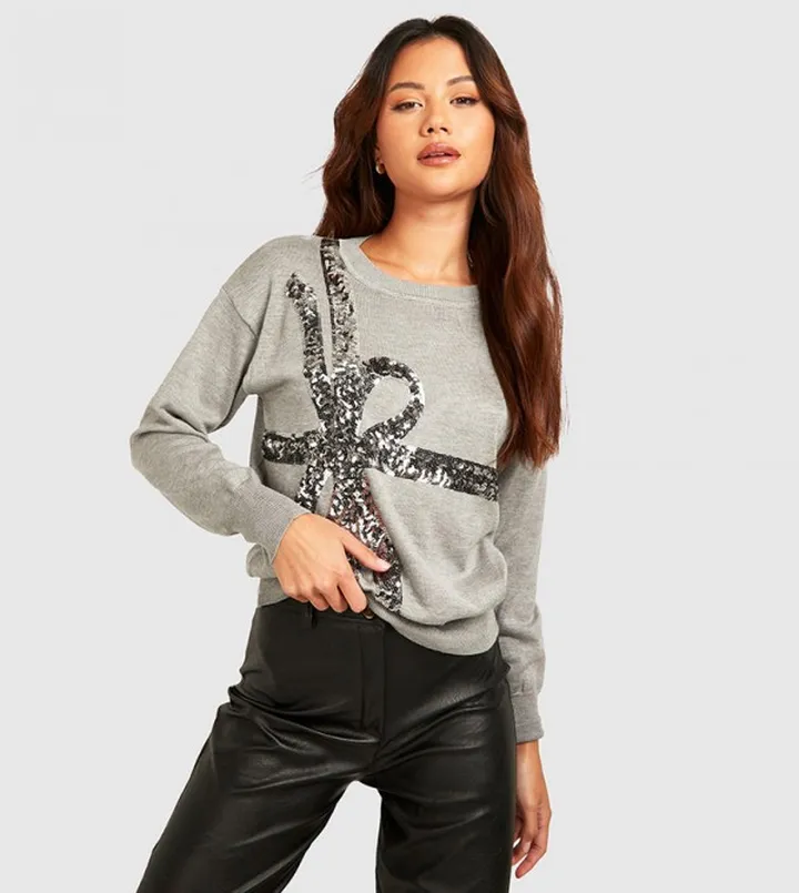 Sequined Bow Christmas Jumper