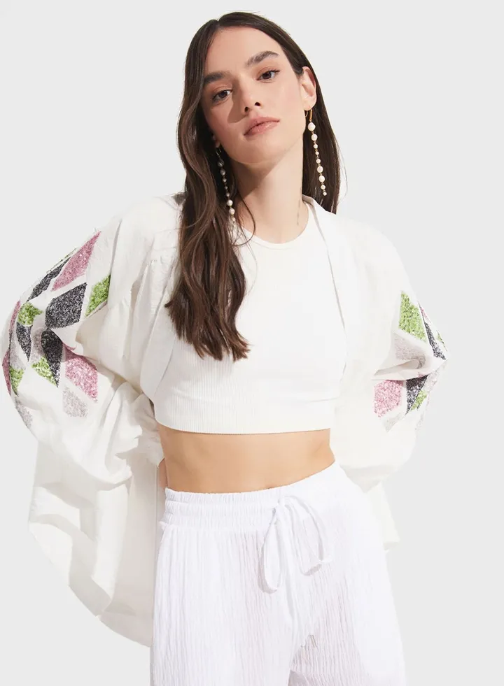 Embroidered Puff Sleeve Kimono
