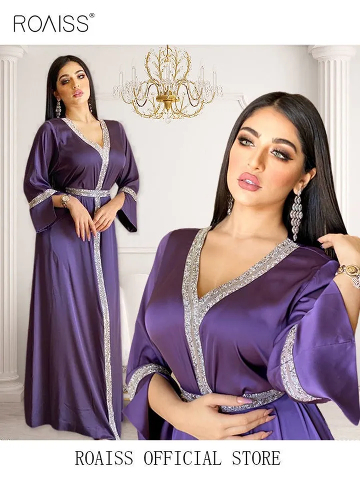 Women Luxury V-neck Rhinestone Robe Maxi Dresses Exclusive Styles Modern Stylish Abaya Middle East Arabic Banquet Wedding Party Dress Women's Festival Clothing Purple