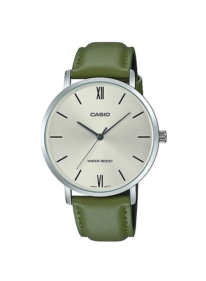 Men's Leather Analog Quartz Wrist Watch MTP-VT01L-3BUDF Silver - 46 mm - Green