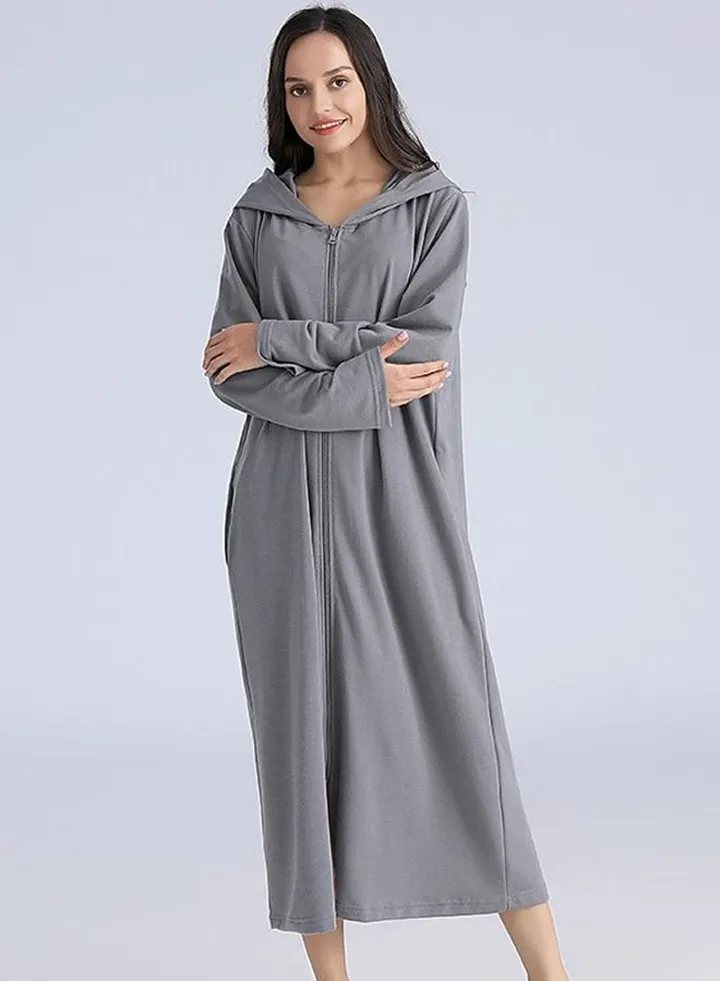 Fashion Women Long zip-up bathrobe with hood, perfect for vacations by the sea, and beach vacations