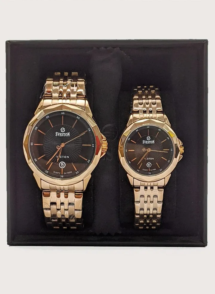 Sveston Gift Set Rose Gold/Black Couple Stainless Steel Wristwatch SV-7465