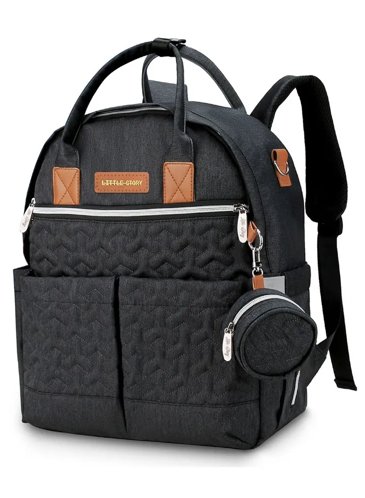 Quilted Diaper Backpack With Pacifier Bag And Stroller Hooks - Black