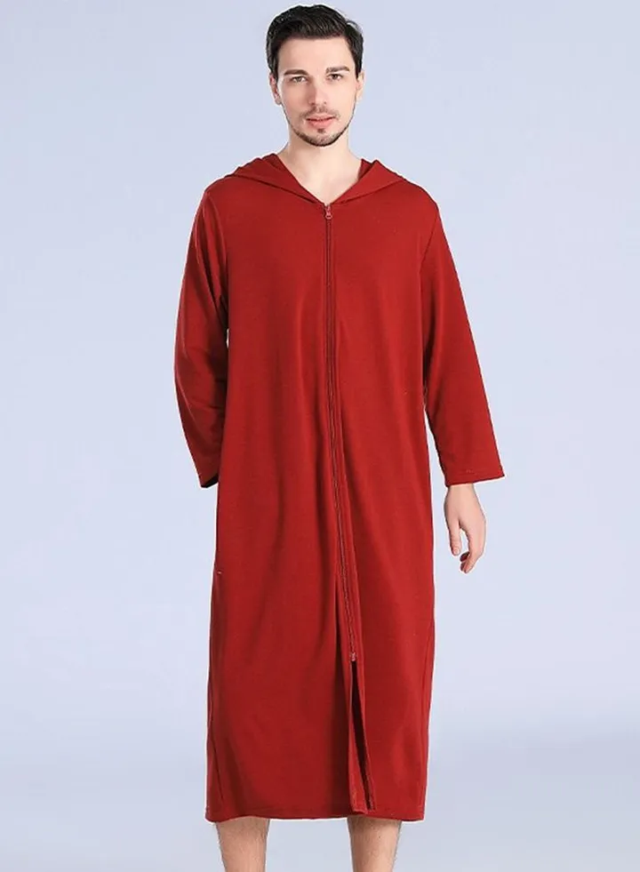 Long zip-up bathrobe with hood, perfect for vacations by the sea, and beach vacations