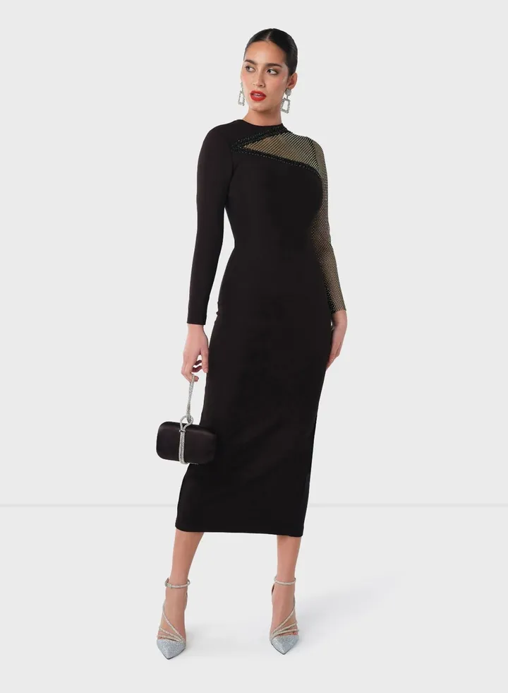 One Sided Diamonte Mesh Dress