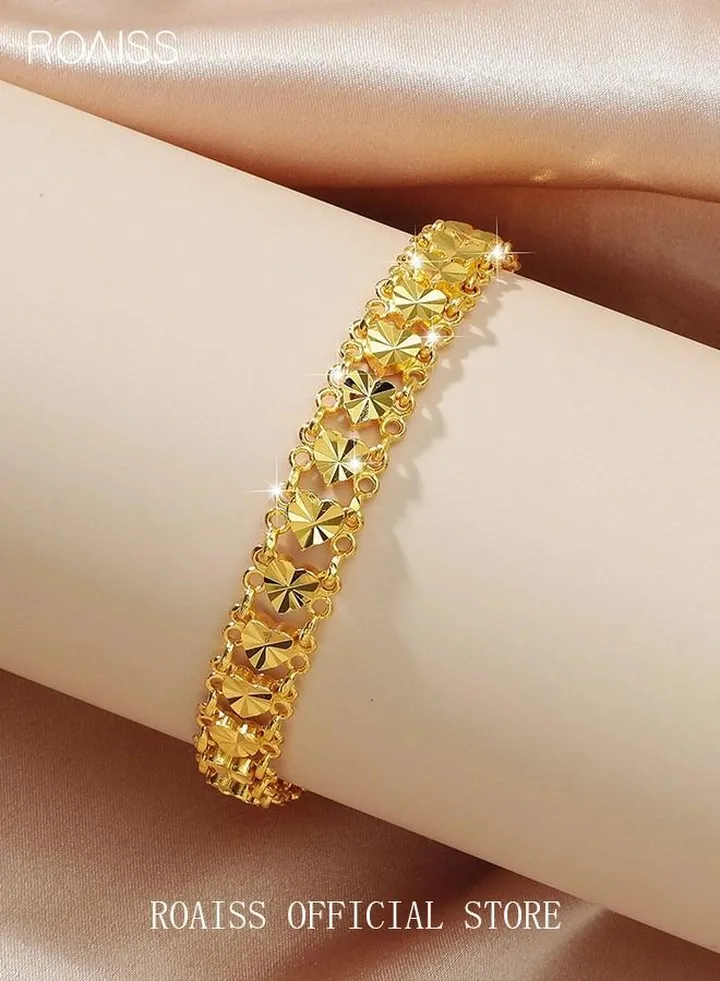 Heart Decor Chain Bracelet Cuff Bangle Jewelry Gift for Women Wife Golden